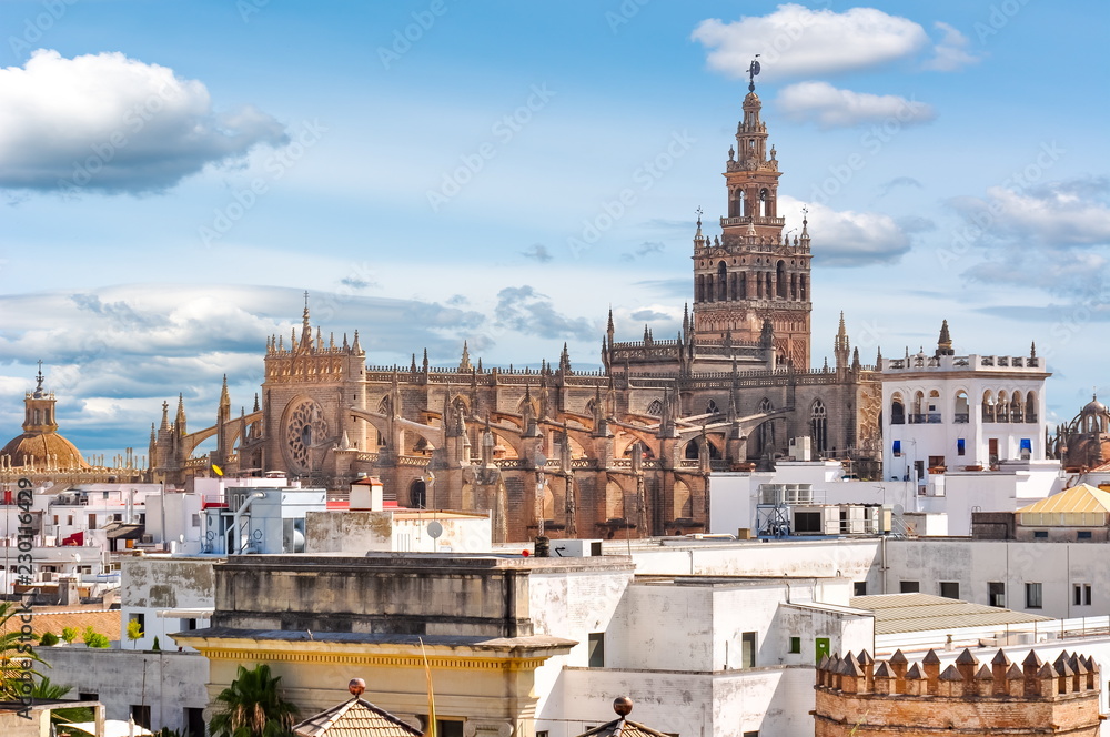 Poster giralda tower and seville cathedral, spain