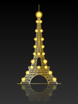 Eiffel tower with garlands. Dark background and reflection. vector illustration.