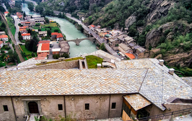 Fototapeta na wymiar Dora River at Bard Village, Aosta Valley, Italy