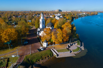 The Church of the Holy Blessed Prince Alexander Nevsky is golden in autumn. Ust-Izhora, a...