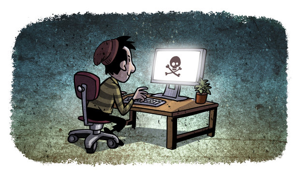 Hacker o pirata de internet con un ordenador a oscuras