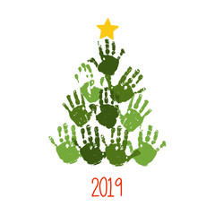 Handprint Christmas tree with hand drawn star. Christmas card design. Vector eps 10 illustration isolated on white .