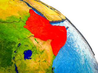 Horn of Africa Highlighted on 3D Earth model with water and visible country borders.