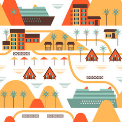 Fototapeta premium Vector Summer travel island landscape with Cruise ship docked at port. Abstract pattern with seaside resort, contains hotel buildings, beach houses, sun umbrellas, palm trees. 