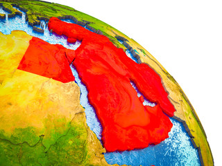 Middle East Highlighted on 3D Earth model with water and visible country borders.