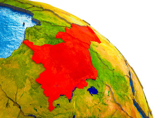Central Africa Highlighted on 3D Earth model with water and visible country borders.