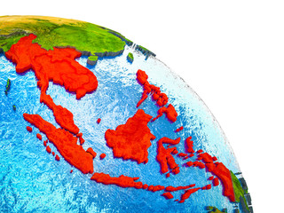 South East Asia Highlighted on 3D Earth model with water and visible country borders.
