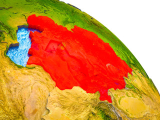 Central Asia Highlighted on 3D Earth model with water and visible country borders.