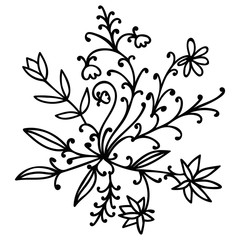Black thin line doodle floral round element with flowers, branches and leaves isolated on white background. Vector illustration.