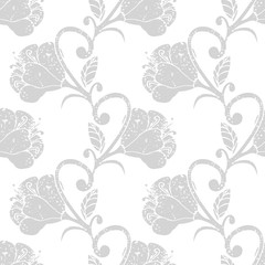 Gray and white hand drawn floral seamless pattern with vertical curly ornament with bells, leaves. Abstract background with grunge flowers, climbing plants. Vector illustration.