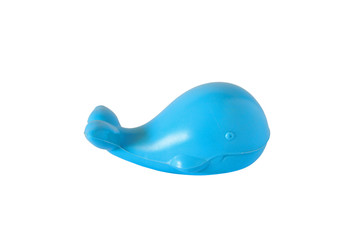 Image of plastic baby toy blue whale isolated on white background.