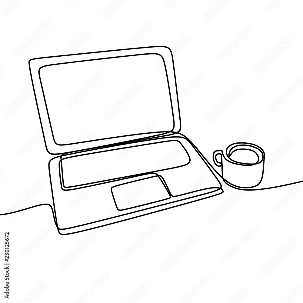 Poster laptop and coffee vector with one continuous single line art drawing. minimalist lineart isolated on