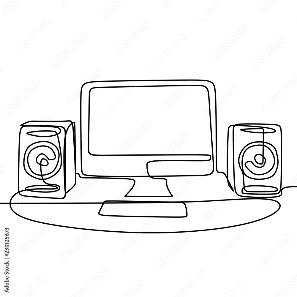 Poster monitor computer and sound speaker with continuous single one line drawing. minimalist technology th