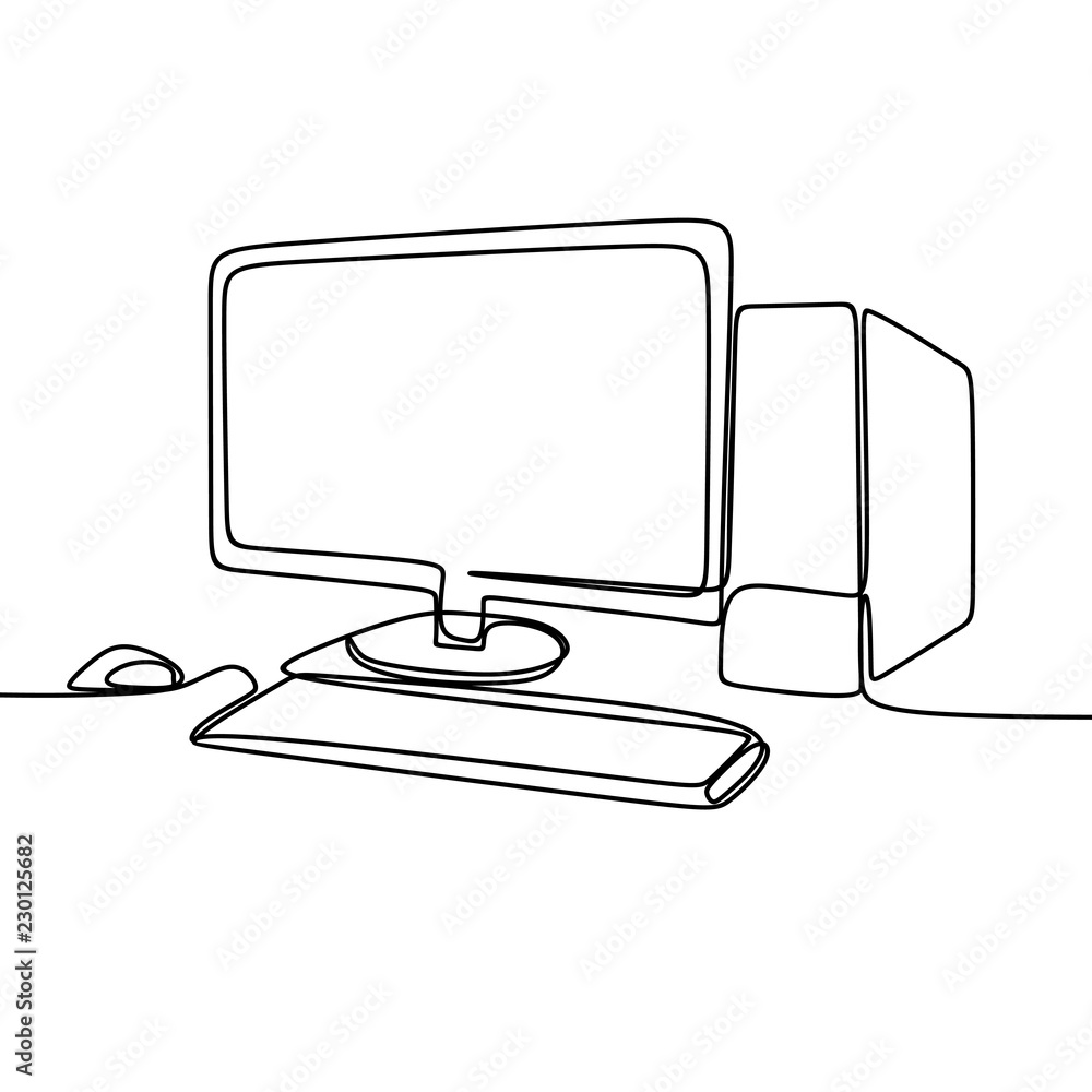 Poster computer and monitor vector with one continuous single line art drawing. minimalist lineart isolated