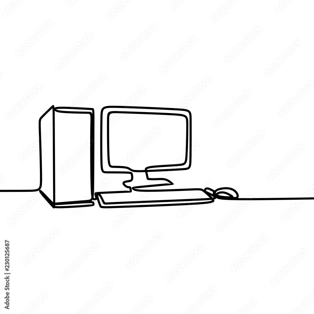Poster computer and monitor vector with one continuous single line art drawing. minimalist lineart isolated