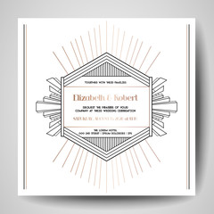 Art deco Wedding Invitation, Luxury Save the Date card with gold geometric frame. Vector trendy cover, graphic poster, gatsby 1920 brochure, design template