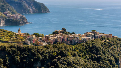 Beautiful aerial view of Corniglia and Manarola in the Cinque Terre nature park, Liguria, Italy