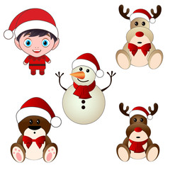 flat christmas kid snowman reindeer bear characters set