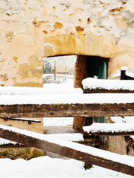 Snowy farm entrance, snow on wall. © juanjo_crj