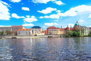 Obraz premium Prague view / panoramic landscape of the czech republic, Prague view with red roofs of houses from above, landscape in the European capital