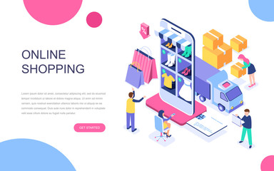 Modern flat design isometric concept of Online Shopping for banner and website. Isometric landing page template. E-commerce market, shopping payment or customer support. Vector illustration.