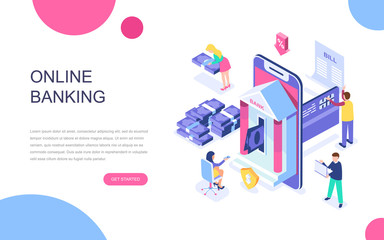 Modern flat design isometric concept of Online Banking for banner and website. Isometric landing page template. Electronic bank payment or customer support. Vector illustration. - obrazy, fototapety, plakaty