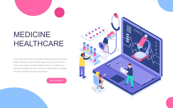 Modern flat design isometric concept of Online Medicine and Healthcare for banner and website. Isometric landing page template. Doctors treating the patient. Vector illustration.