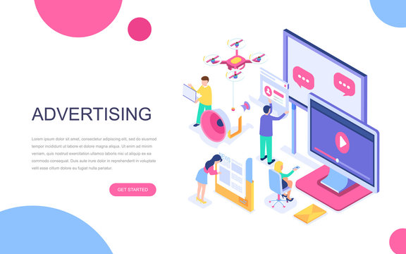 Modern flat design isometric concept of Advertising and Promotion for banner and website. Isometric landing page template. Social media campaign, marketing research. Vector illustration.