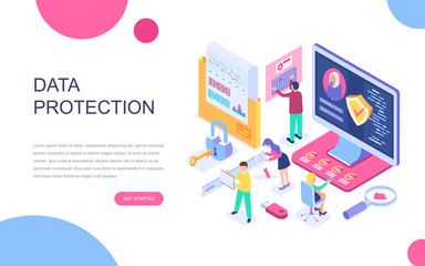 Fototapeta na wymiar Modern flat design isometric concept of Data Protection for banner and website. Isometric landing page template. Credit card check and software access data as confidential. Vector illustration.