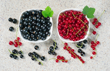 Currant berries in plates and in bulk on the table.