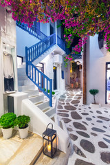 View of the famous pictorial narrow streets of Mykonos town in Mykonos island, Greece