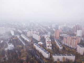 Fototapeta premium Moscow residential area in fog in autumn season