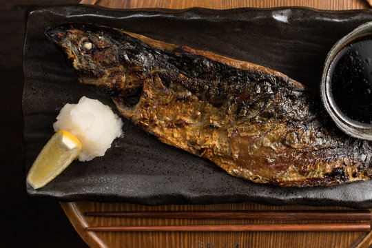 Grilled mackerel from Hanjan in New York City served with grated radish.