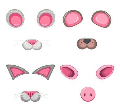 Set of colored animal masks with faces and ears of a bear, a cat, a mouse and a pig