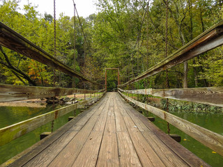 Wooden bridge over river to treescape