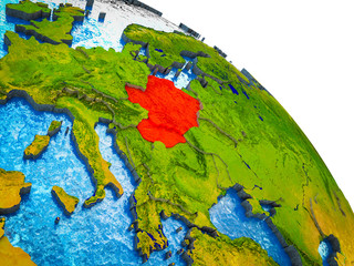Visegrad Group Highlighted on 3D Earth model with water and visible country borders.