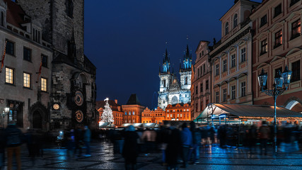 Christmas market on the Oldtown square with the church of our Lady before Tyn in Prague