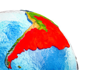 Mercosur memebers Highlighted on 3D Earth model with water and visible country borders.