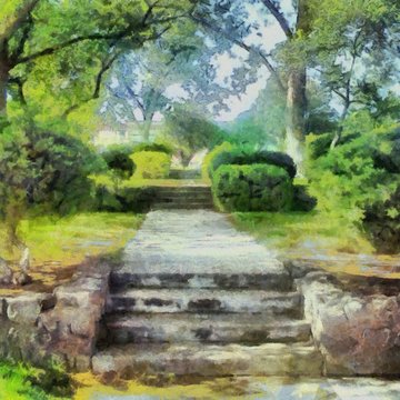 Hand drawing watercolor art on canvas. Artistic big print. Original modern painting. Acrylic dry brush background. Tropical forest. Summer beautiful landscape. Paved path with steps 