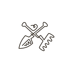 Vector Line Icon. Rake and shovel garden tools. One line drawing. Isolated on white background
