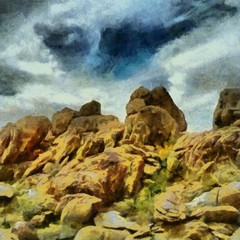 Hand drawing watercolor art on canvas. Artistic big print. Original modern painting. Acrylic dry brush background. Vintage mountain landscape. Active travel. Tourism location. Summer stone view.