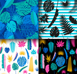 4 Beautiful seamless tropical jungle floral patterns background with different palm leaves. set.