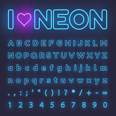 Neon Alphabet. Letters, symbols, numbers