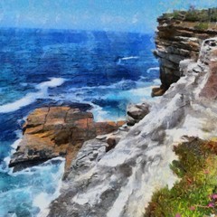 Hand drawing watercolor art on canvas. Artistic big print. Original modern painting. Acrylic dry brush background. Beautiful tropical landscape. Exotic luxury resort. Paradise rock view. Vacation sea.