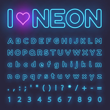 Neon Alphabet. Letters, symbols, numbers