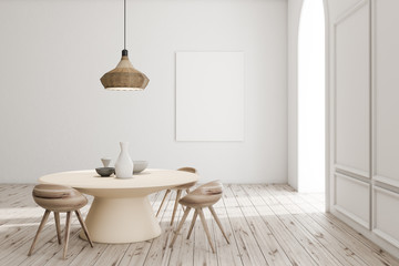 White dining room, wooden table, poster