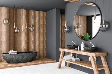 Gray and wooden bathroom corner