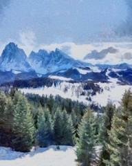 Hand drawing watercolor art on canvas. Artistic big print. Original modern painting. Acrylic dry brush background. Vintage mountain snow landscape. Active travel. Tourism location. Skiing resort