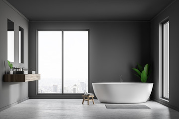 Fototapeta na wymiar Loft gray bathroom interior, tub and sink
