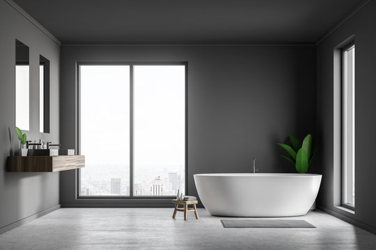 Loft gray bathroom interior, tub and sink